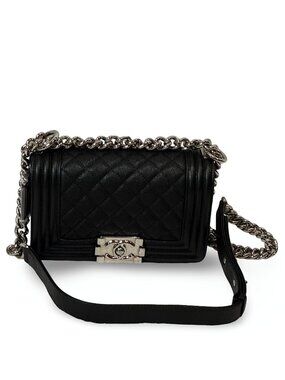 CHANEL Small Boy Flap Bag Black Caviar Silver Ruthenium Hardware Quilted Crossbo